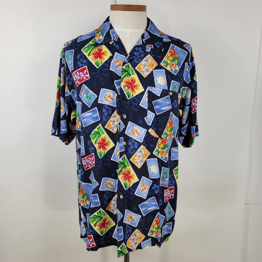 Vintage M.E. Sport Postcard Blue Hawaiian Tiki Shirt Mens Size L