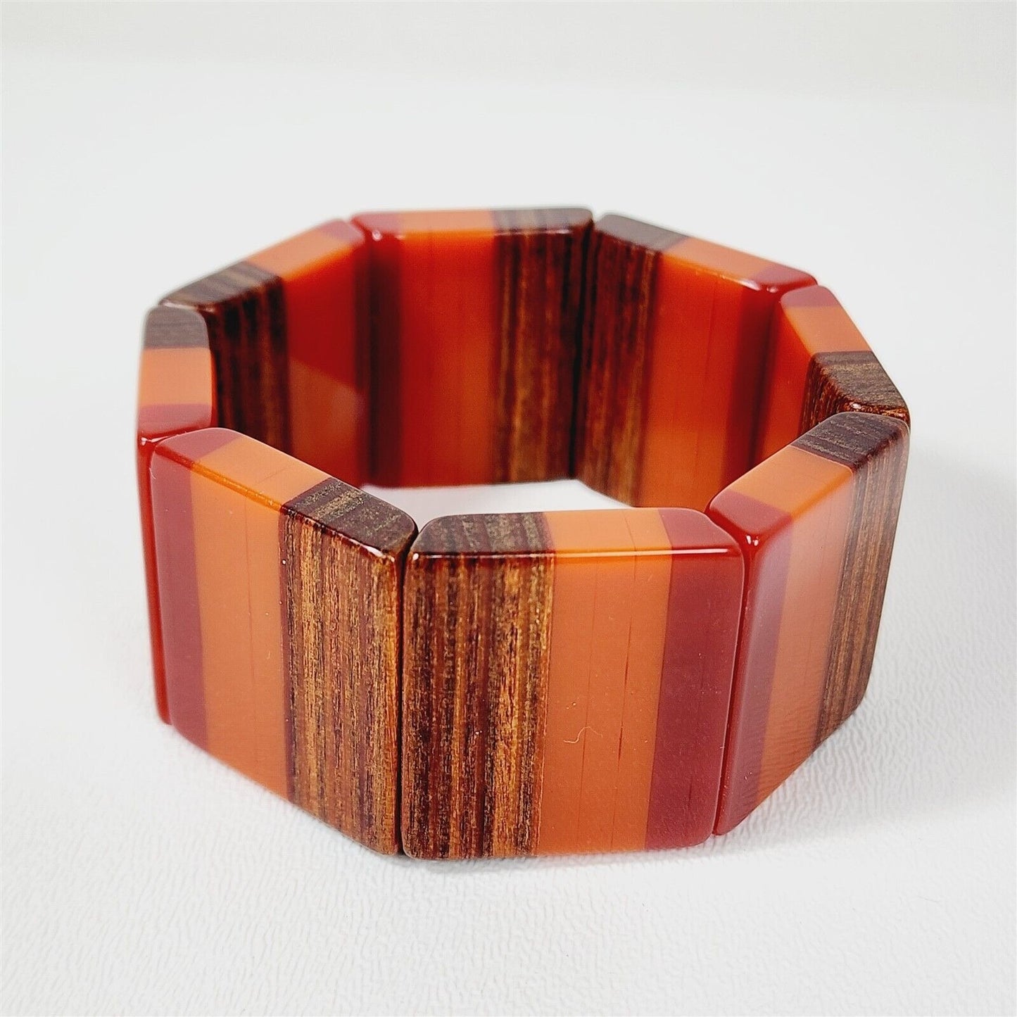 Vintage Red Orange & Wood Tone Lucite Stretch Bracelet