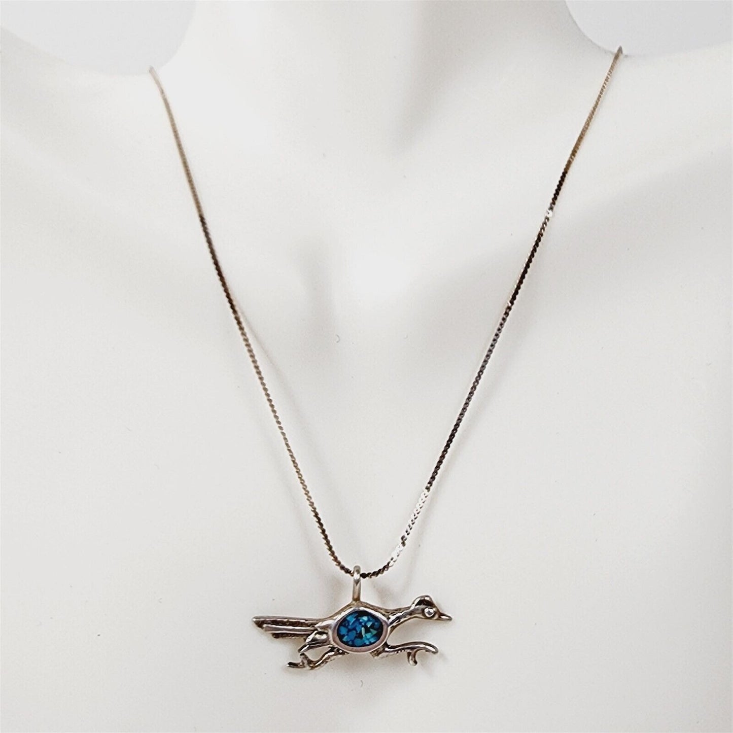 Vintage Road Runner Desert Bird Crushed Turquoise Sterling Silver Necklace 18”