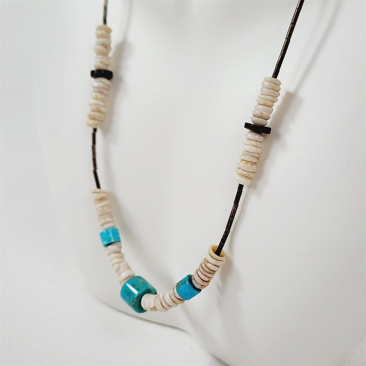 Vintage Liquid Silver Turquoise Shell Heishi Beaded Necklace Native American