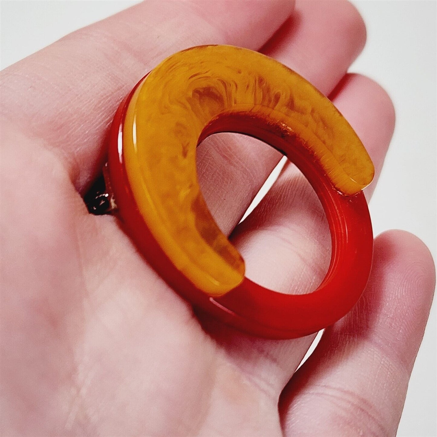 Vintage Yellow on Red Layered Catalin Bakelite Swirl Round Circle Brooch