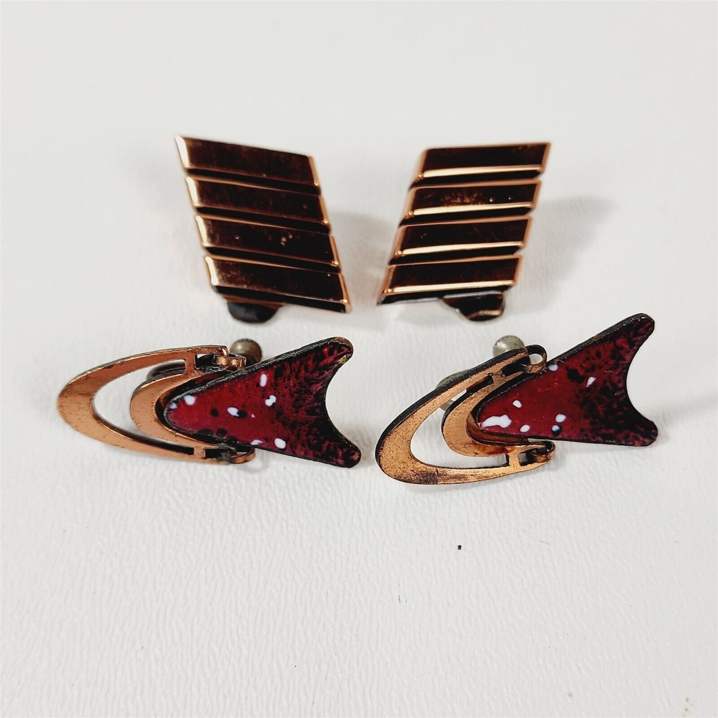 Vintage Copper Red Enamel Speckled & Renoir Matisse Screwback Clip On Earrings