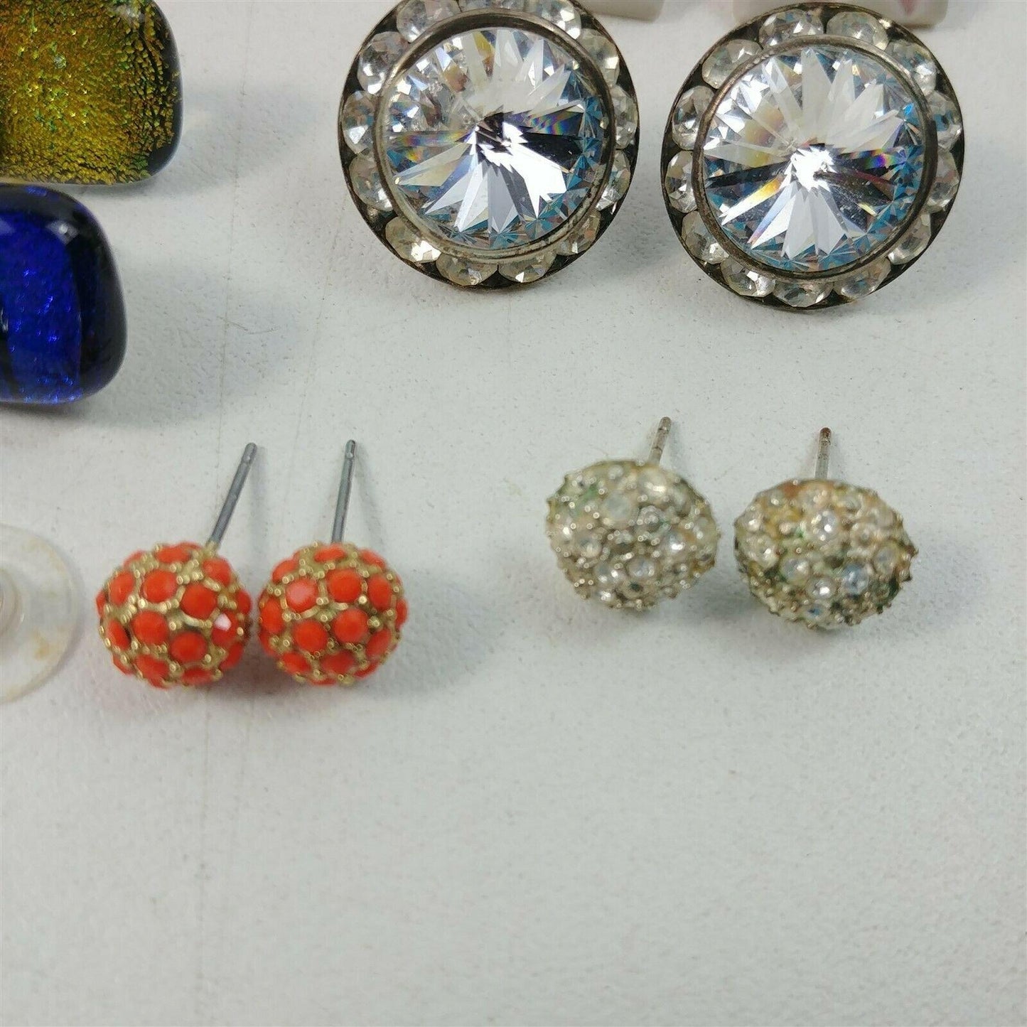 8 Pair Vintage Silver Tone Stud Earrings Costume Jewelry Yellow Pink Rhinestone