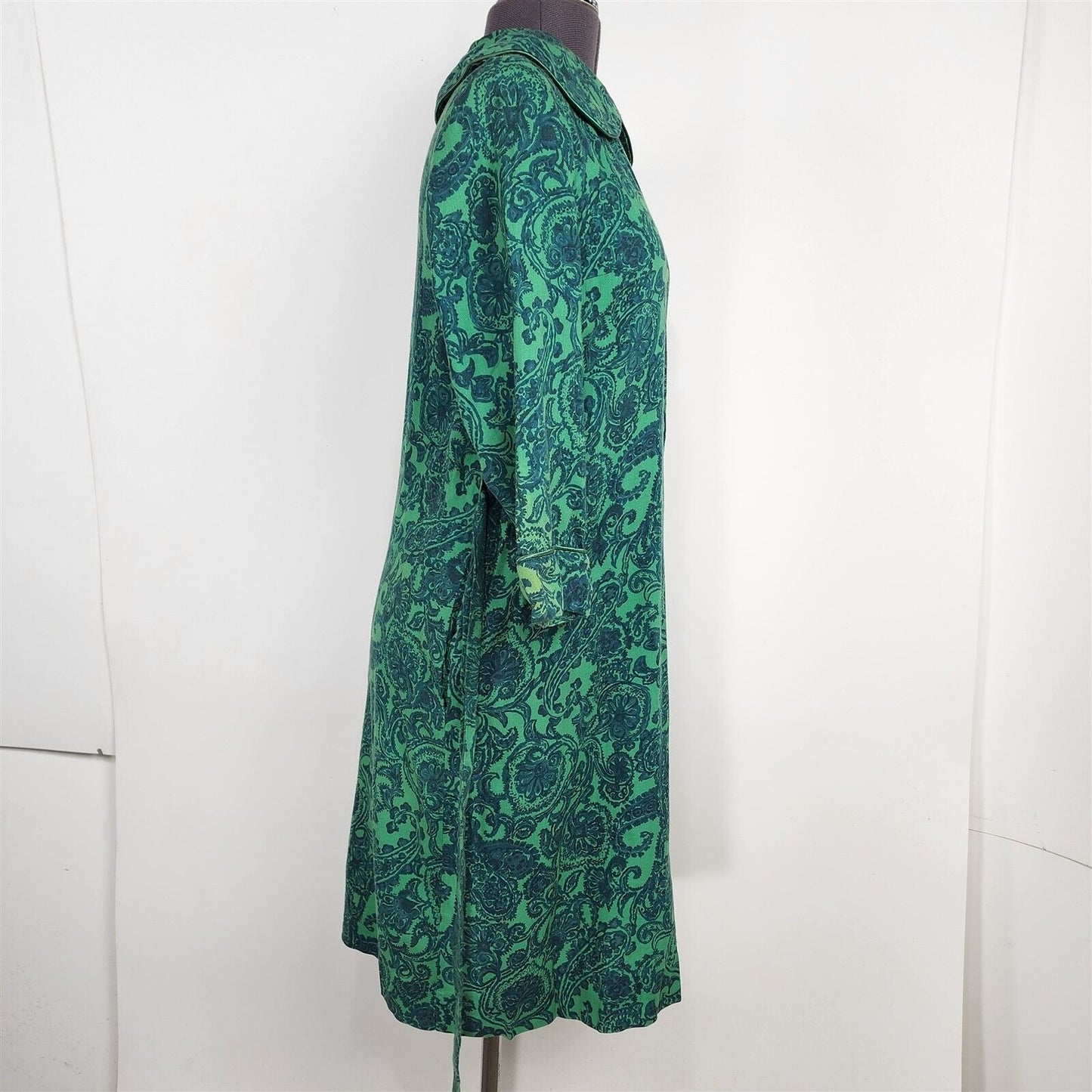 Vintage 1950s Dorian Viyella Wool Blend Green & Blue Paisley Floral Dress Robe