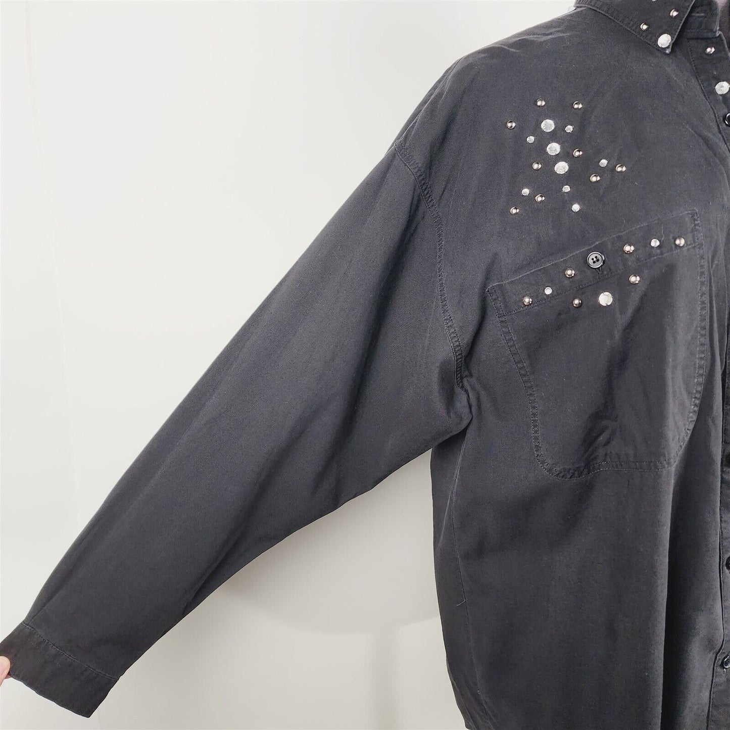 Vintage J Jordan Black Long Sleeve Bling Rhinestone Button Up Blouse Womens M