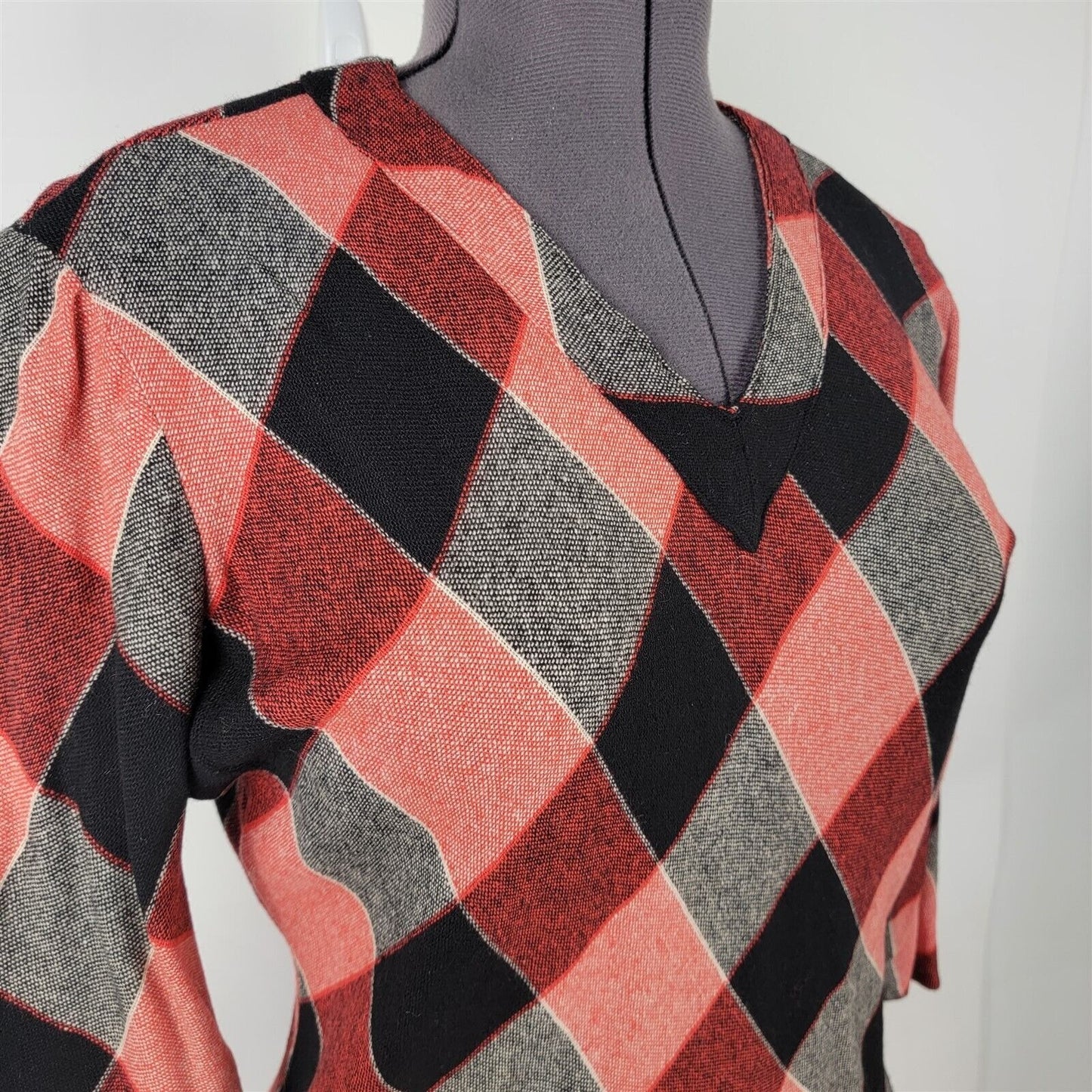 Vintage 1970s Red & Black Plaid Top Blouse Long Sleeve Womens S