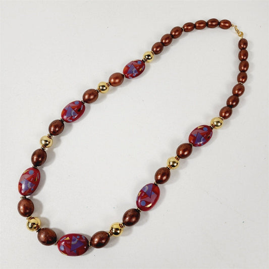 Vintage Copper Tone Beaded Necklace with Painted Abstract & Gold Accent Necklace