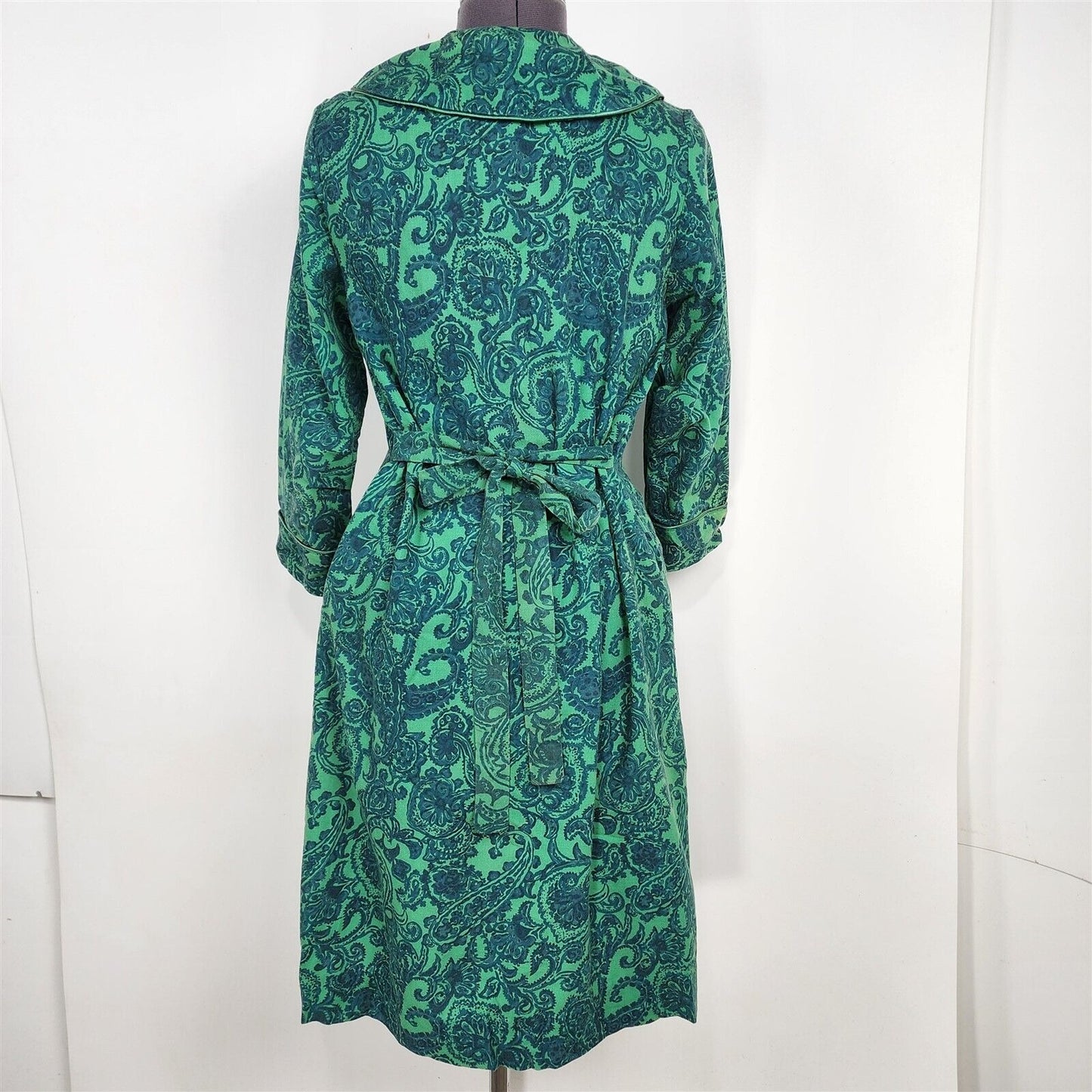 Vintage 1950s Dorian Viyella Wool Blend Green & Blue Paisley Floral Dress Robe