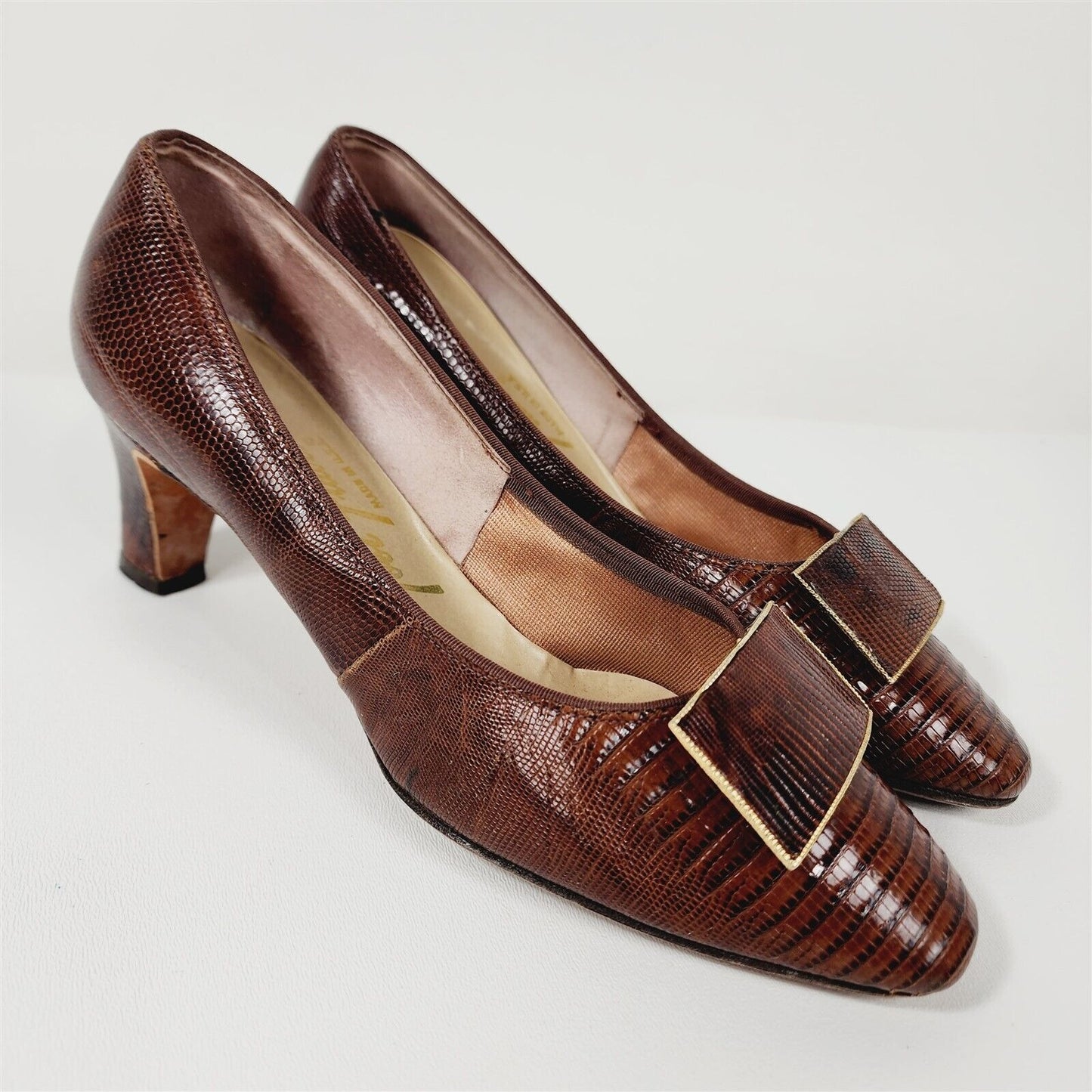 Vintage Foot Flairs Brown Reptile Leather Heels Shoes Size 6.5/7