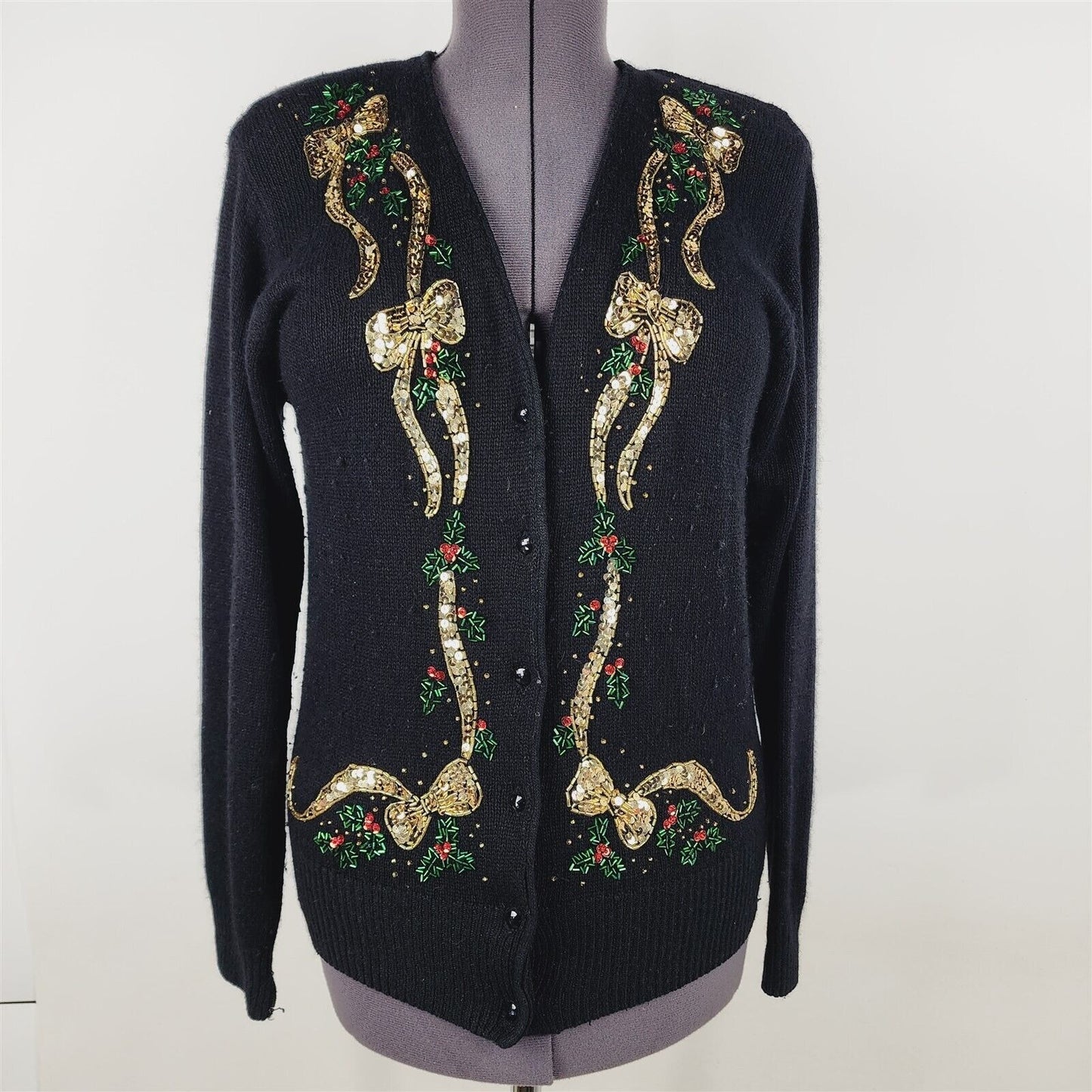 Vintage Black Christmas Cardigan Sweater Gold Bows Holly Size M