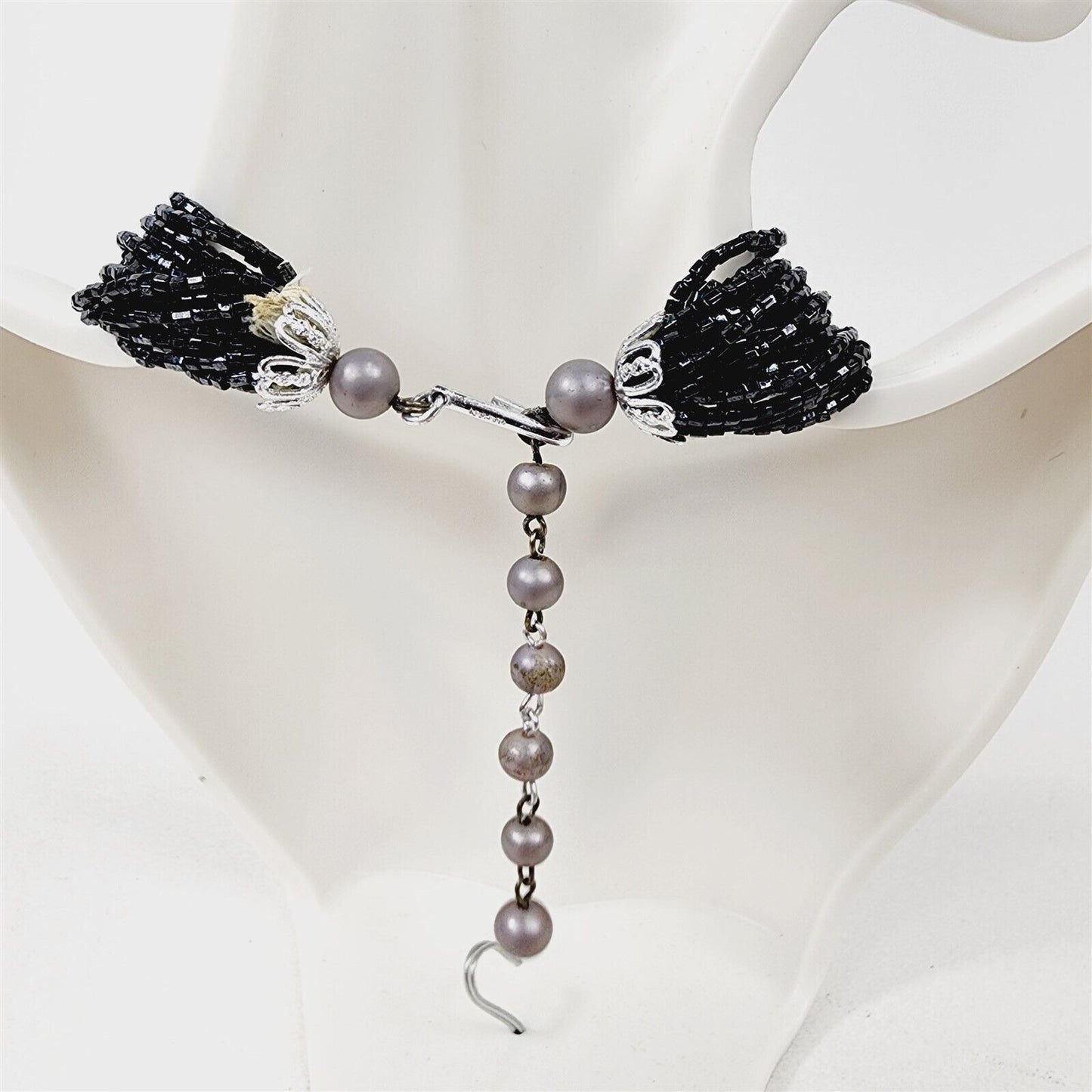 Vintage Black Shiny Seed Bead Layered Necklace with Silver Beaded Accents