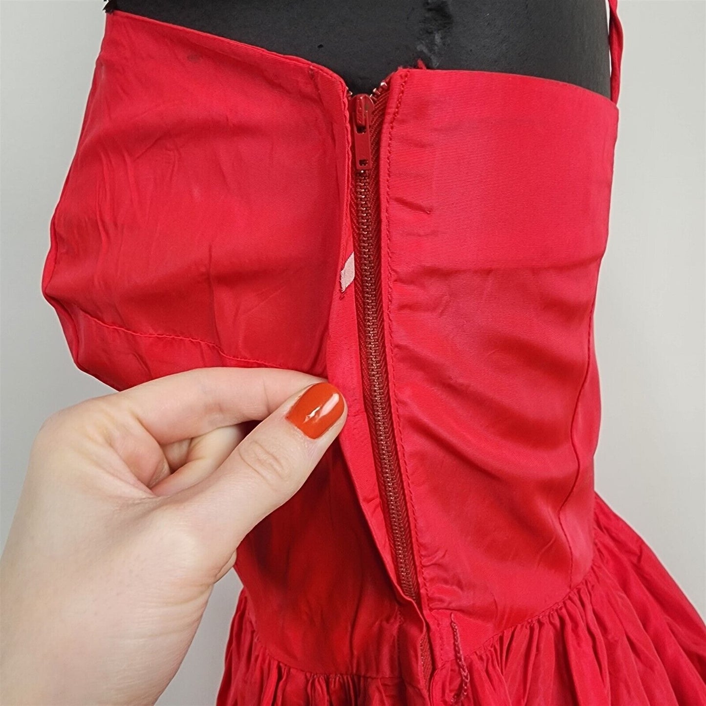 Vintage Red Taffeta Evening Gown Tie Strap Formal Dress