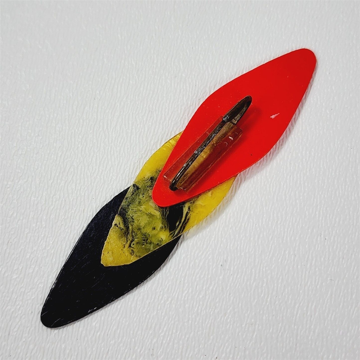 Vintage Thin Plastic Red Black Yellow Swirl Layered Pin Brooch