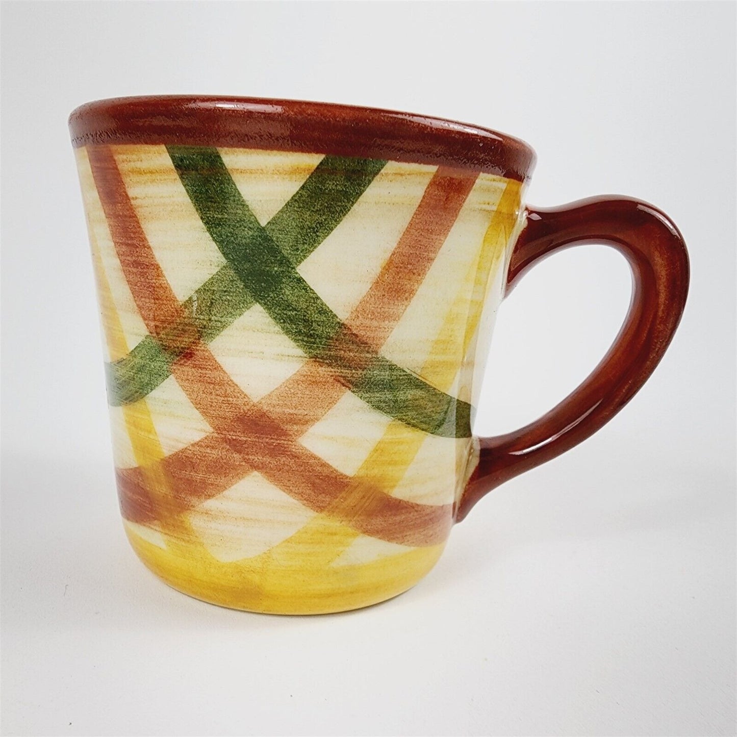 4 Piece Vernonware Gingham Organdie Yellow Brown Green 2 Cups 2 Plates