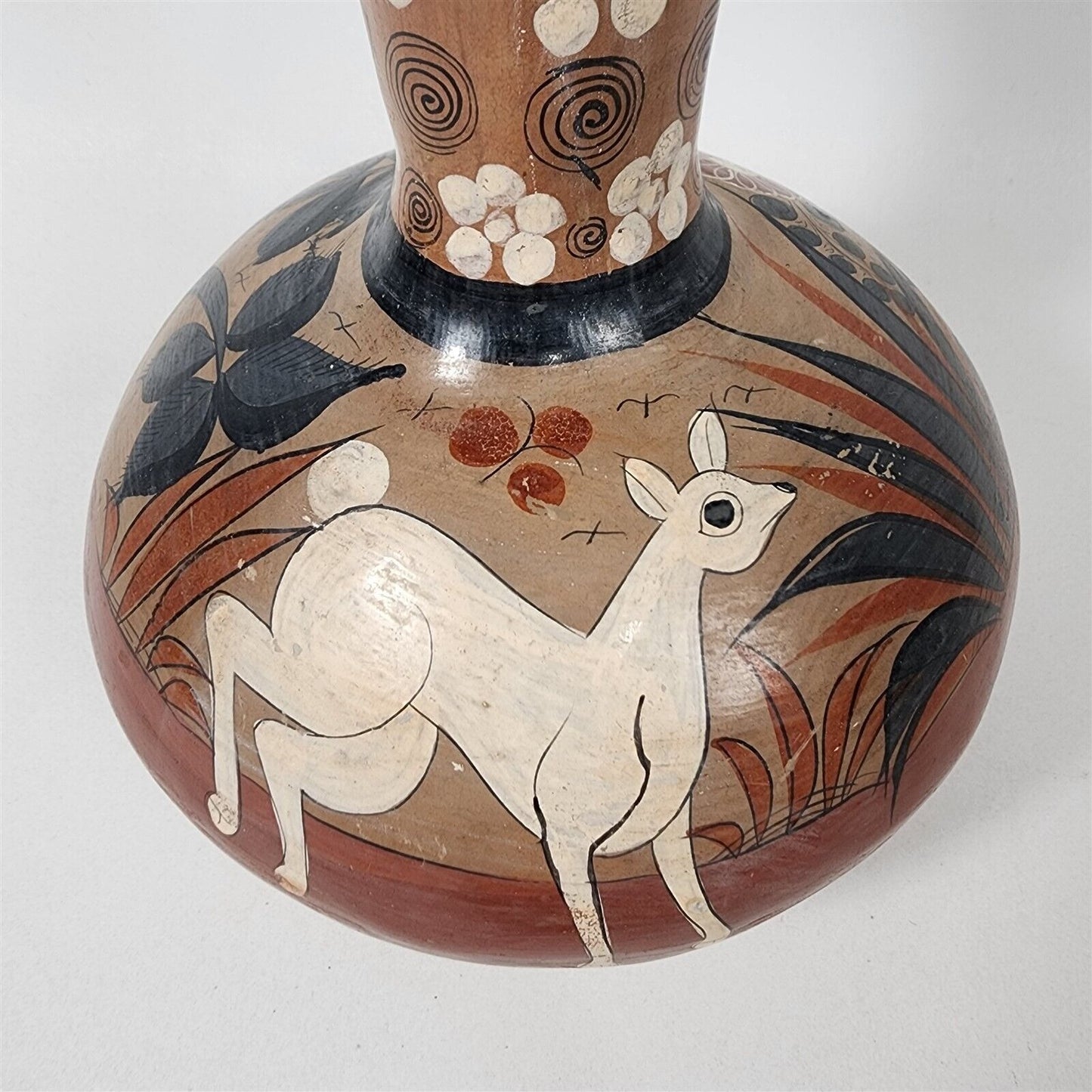 Vintage Tonala Mexican Pottery Vase Signed Hand Painted Rabbit Deer Folk Art