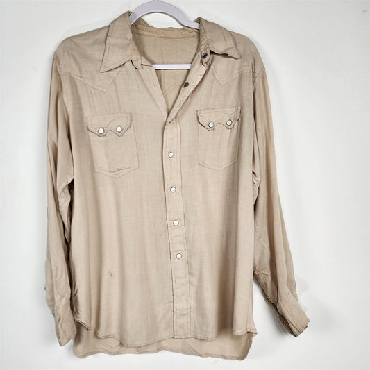 Vintage 1970s Beige Western Pearl Snap Long Sleeve Shirt