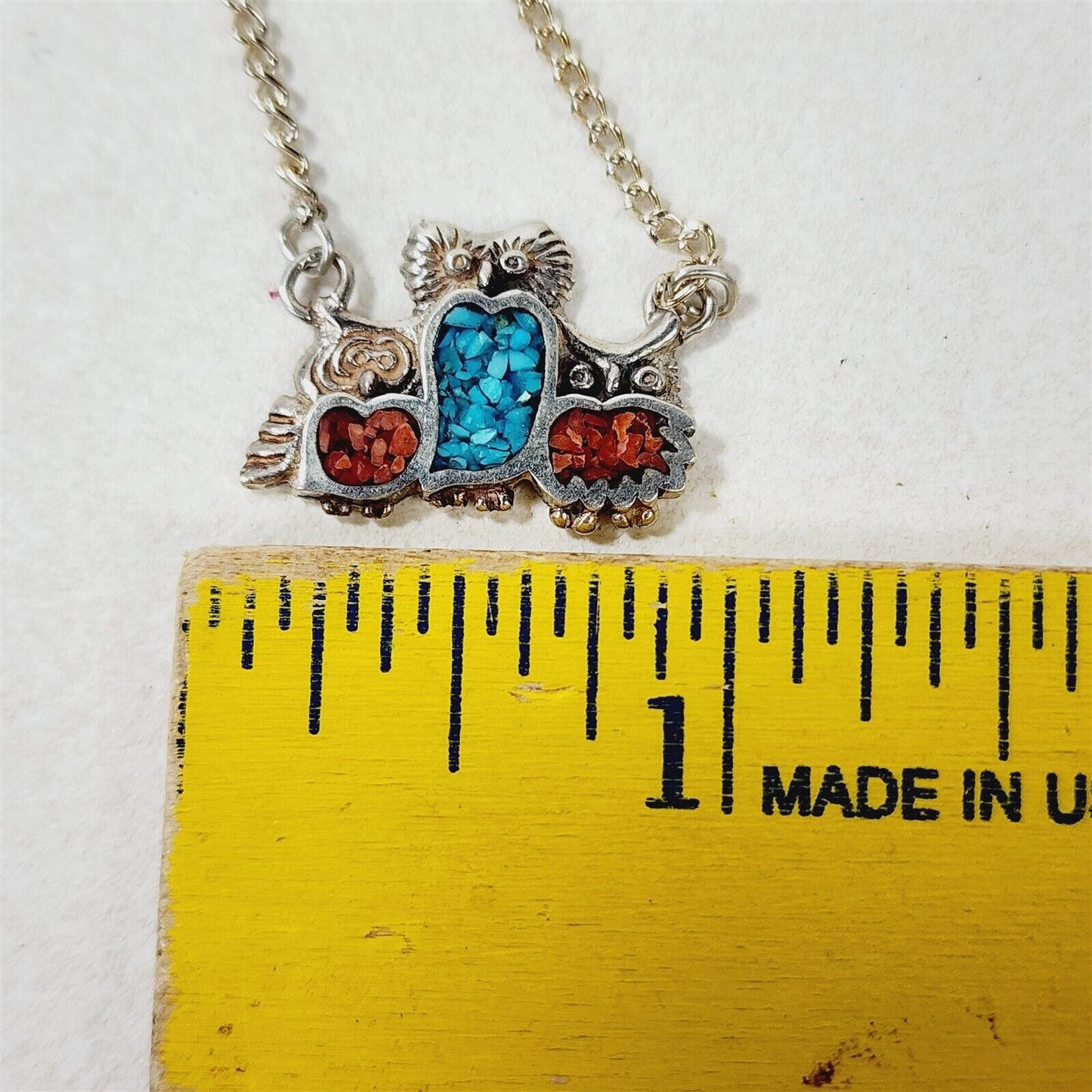 Vintage Owl Trio Crushed Turquoise Coral Sterling Silver Necklace 16"