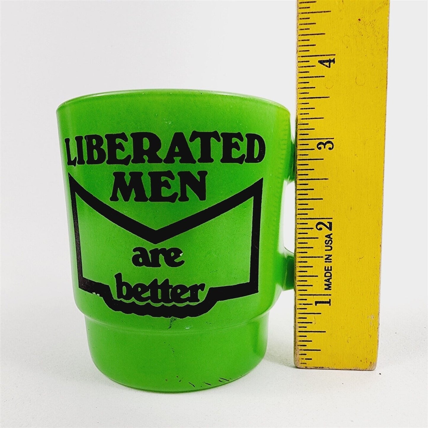 Vintage D Handle Mug Anchor Hocking Liberated Men are Better Green - 3.5" tall