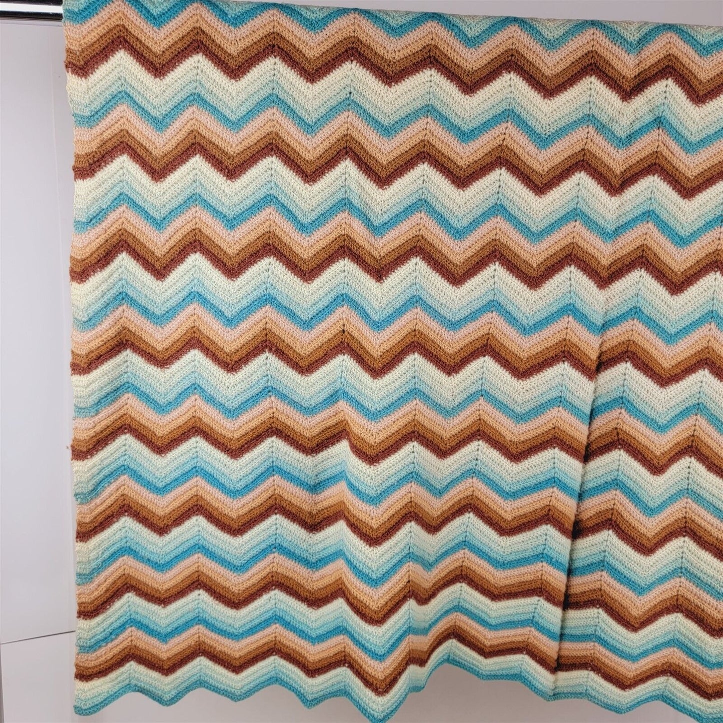 Vintage Brown & Blue Crochet Afghan Lap Blanket Throw Handmade 64x50 Chevron