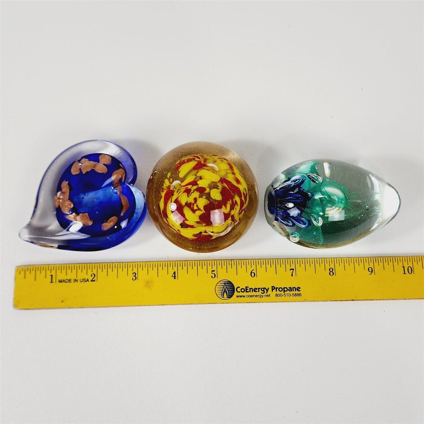 3 Vintage Glass Paperweights Egg Heart Shape Signed Blue Yellow Red