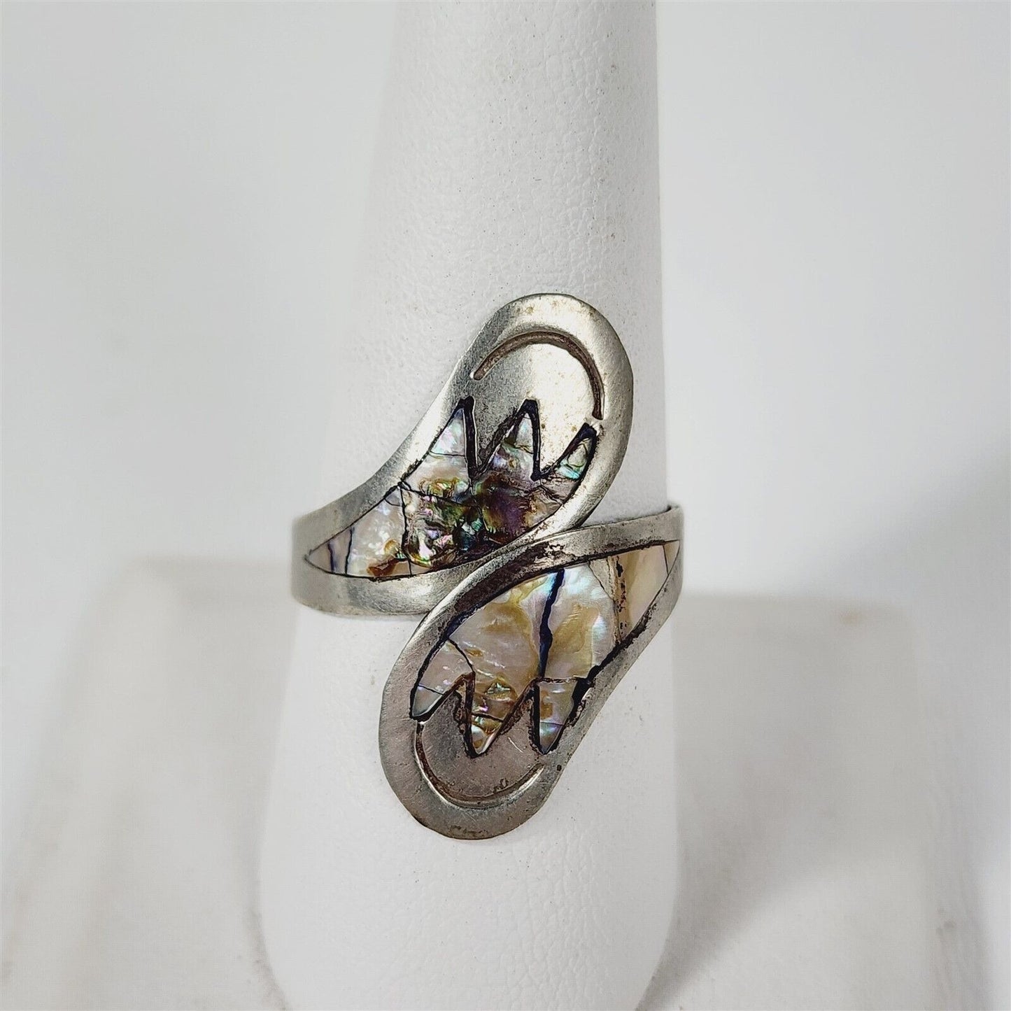 Vintage Silver Mexico Mother of Pearl Inlay Wrap Ring Size 10.75