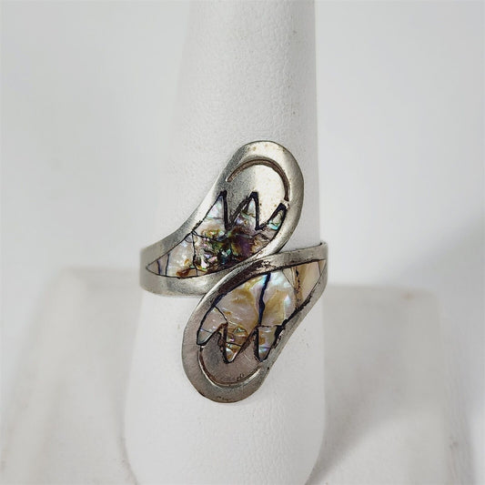 Vintage Silver Mexico Mother of Pearl Inlay Wrap Ring Size 10.75