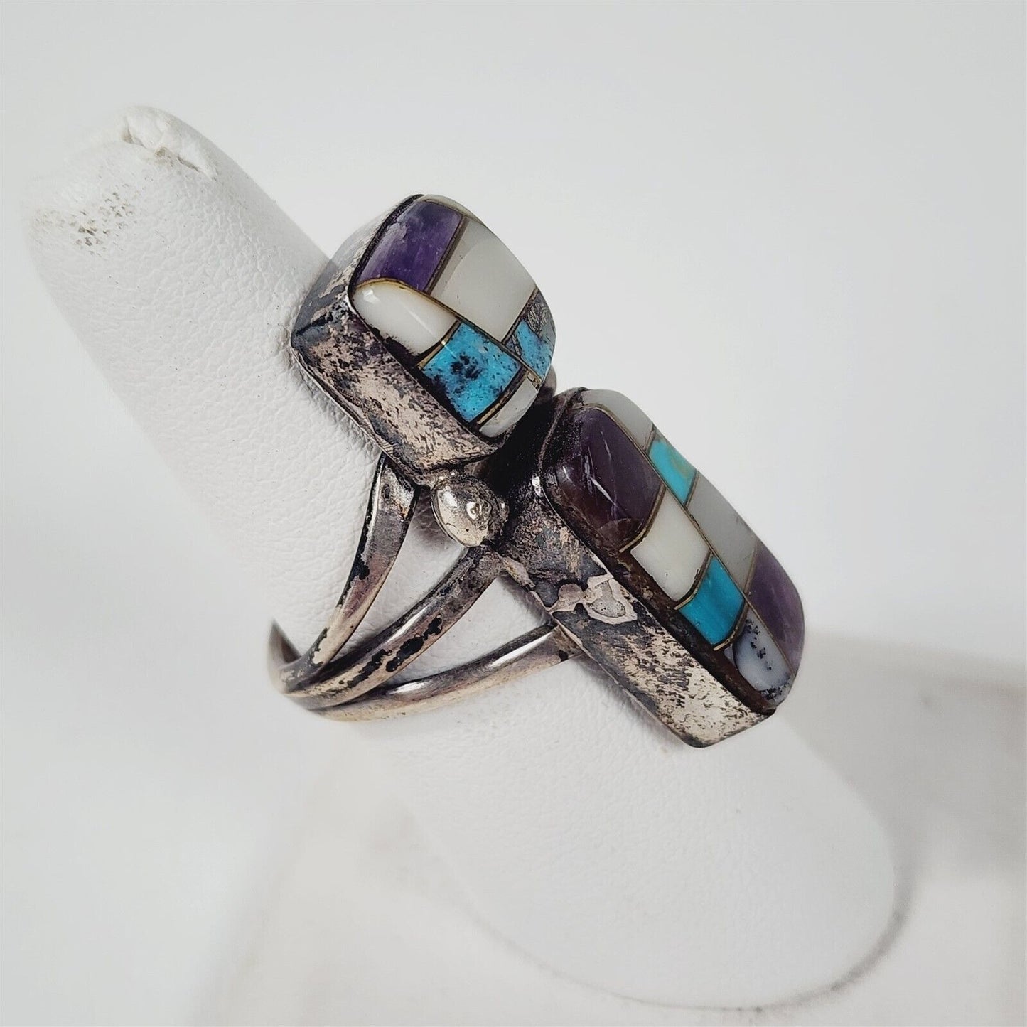 Vintage 925 Sterling Silver Turquoise MOP Charoite Inlay Navajo Ring 8.25