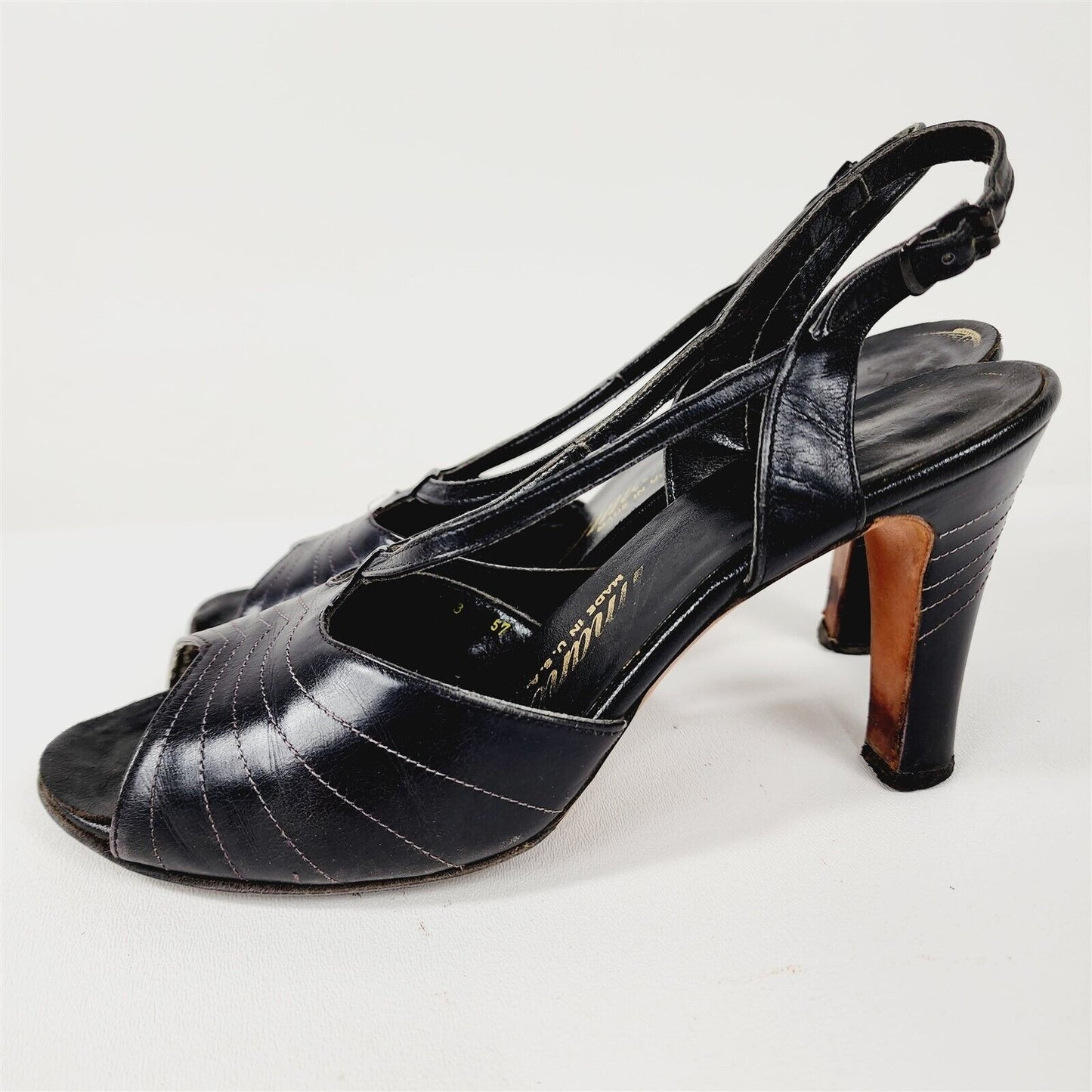 Vintage Amano Black Peep Toe Strappy Heels Size 8 N