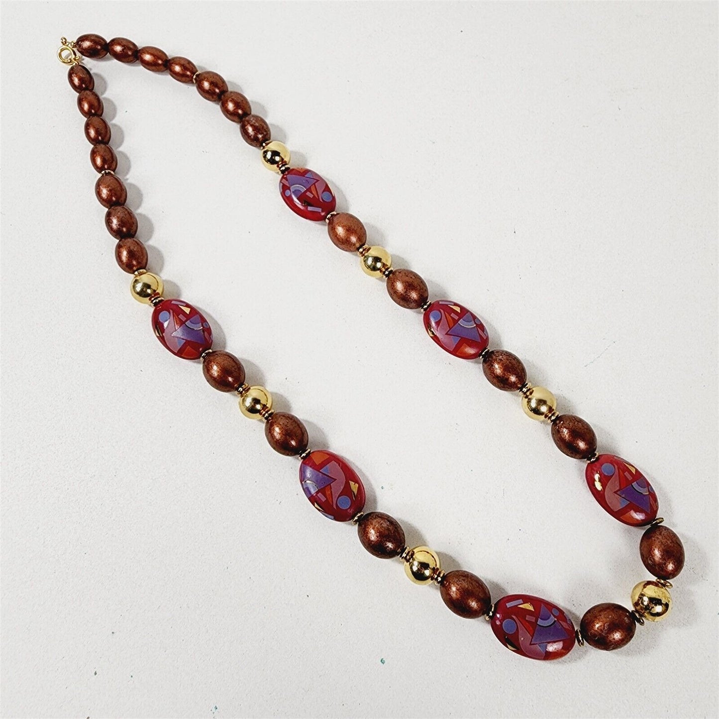 Vintage Copper Tone Beaded Necklace with Painted Abstract & Gold Accent Necklace