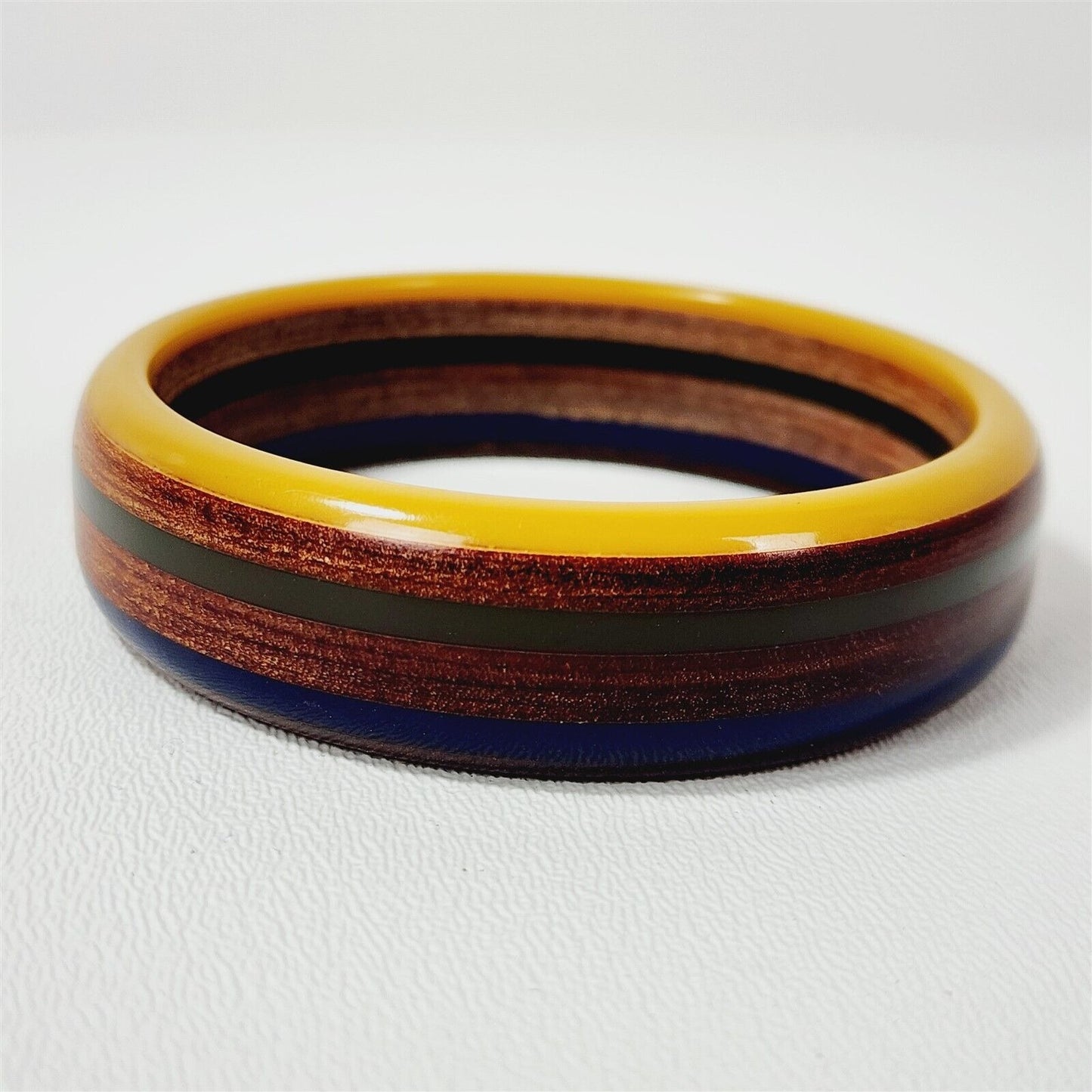 Vintage Yellow Blue Green Bakelite Wood Inlay Bangle Bracelet