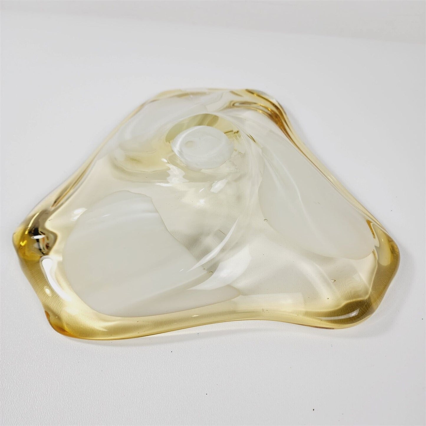 Vintage Murano Guildcraft Art Glass Abstract Yellow White Dish - 11 1/2"