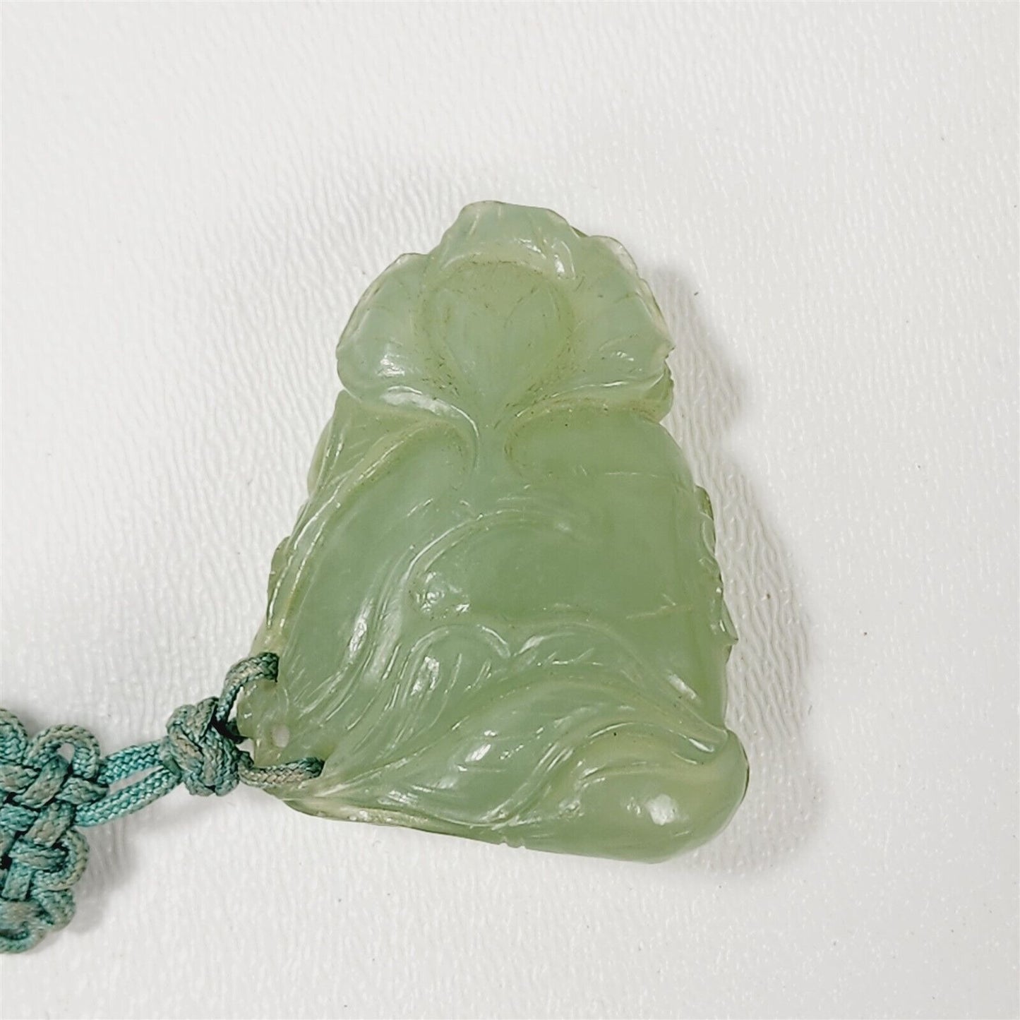 Vintage Carved Flower Jade Jadeite Blue Green Pendant Necklace - 30"