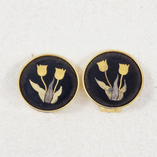 Vintage Amita Damascene Enamel Floral Tulip Clip On Earrings Japan