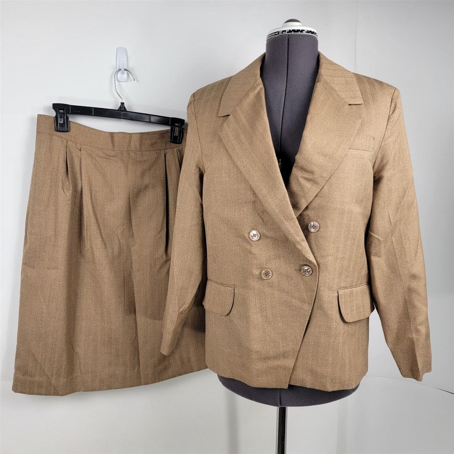 Vintage 2 Piece Skirt Double Breasted Jacket Blazer Set Tan Brown Womens