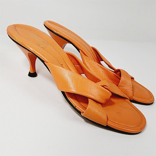 Vintage Ron's Hawaiian Orange Leather Mule Heels Sandals Size 7