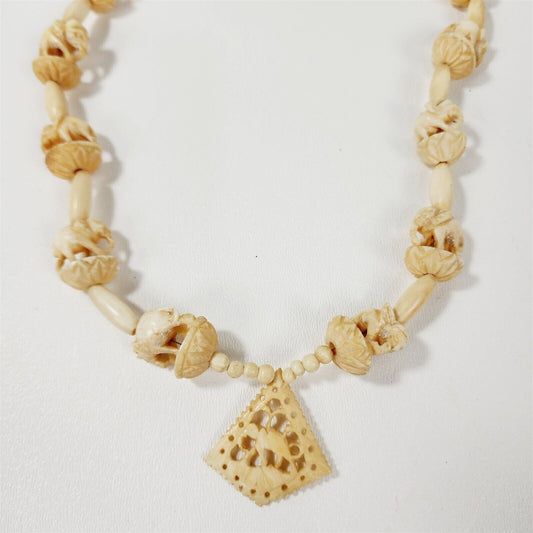 Vintage Asian Elephant Carved Cow Bone Beaded Pendant Necklace