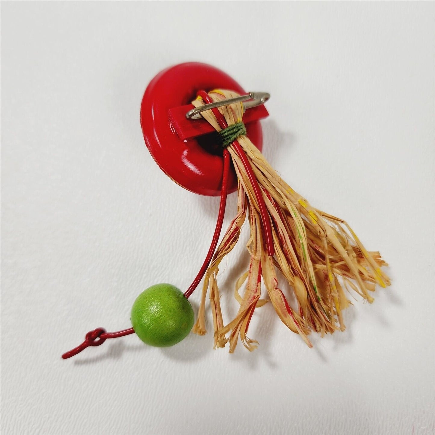 Vintage Red Plastic Sombrero Hat Straw Green Dangle Bead Brooch Pin