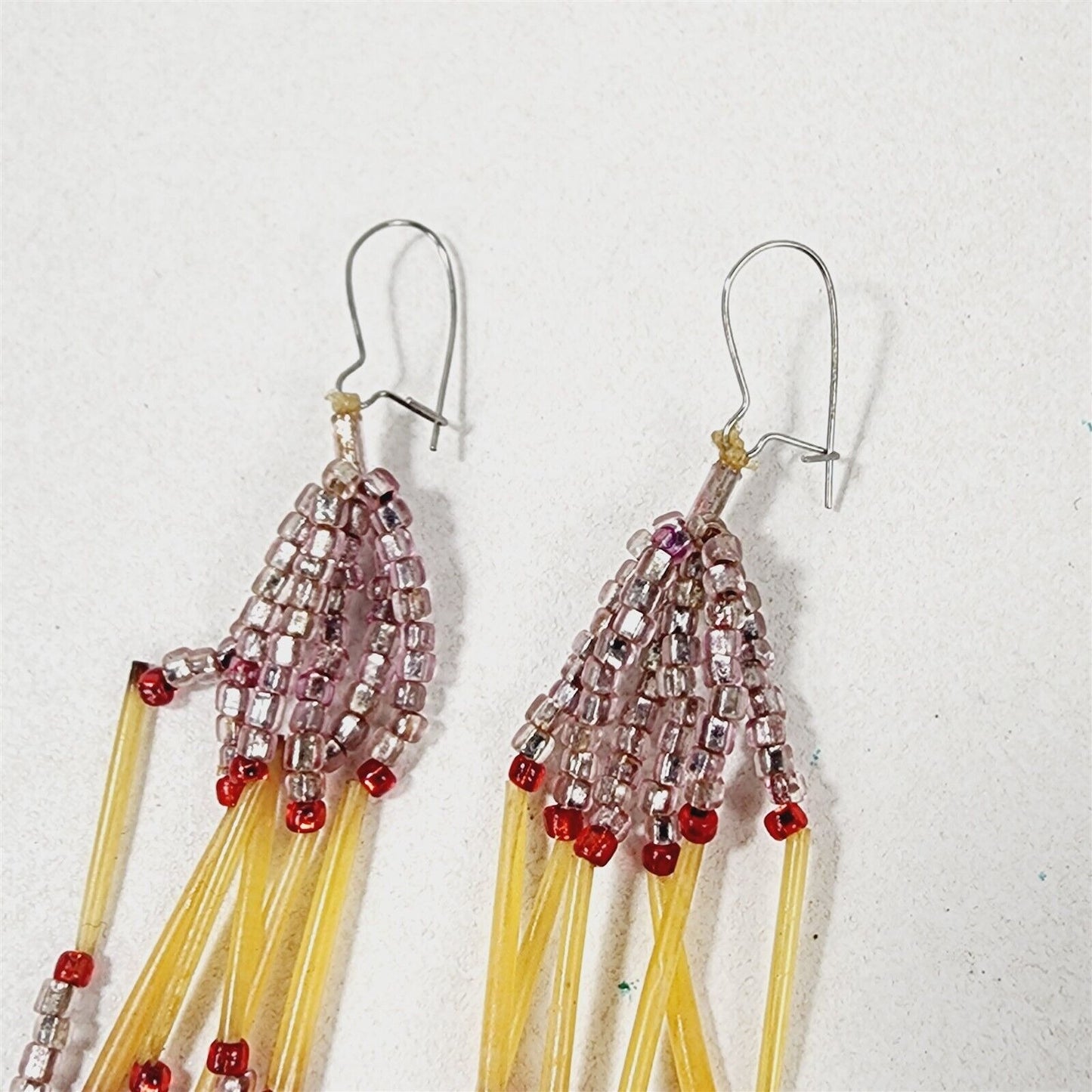 Vintage Native American Porcupine Quill Light Pink Seed Bead Earrings Boho