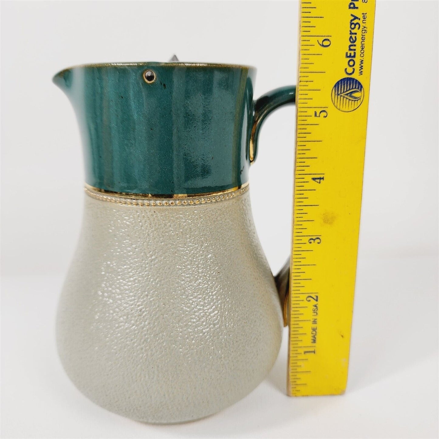 Vintage Lovatts Langley England Glazed Pottery Green Gray Pitcher w/ Pewter Lid