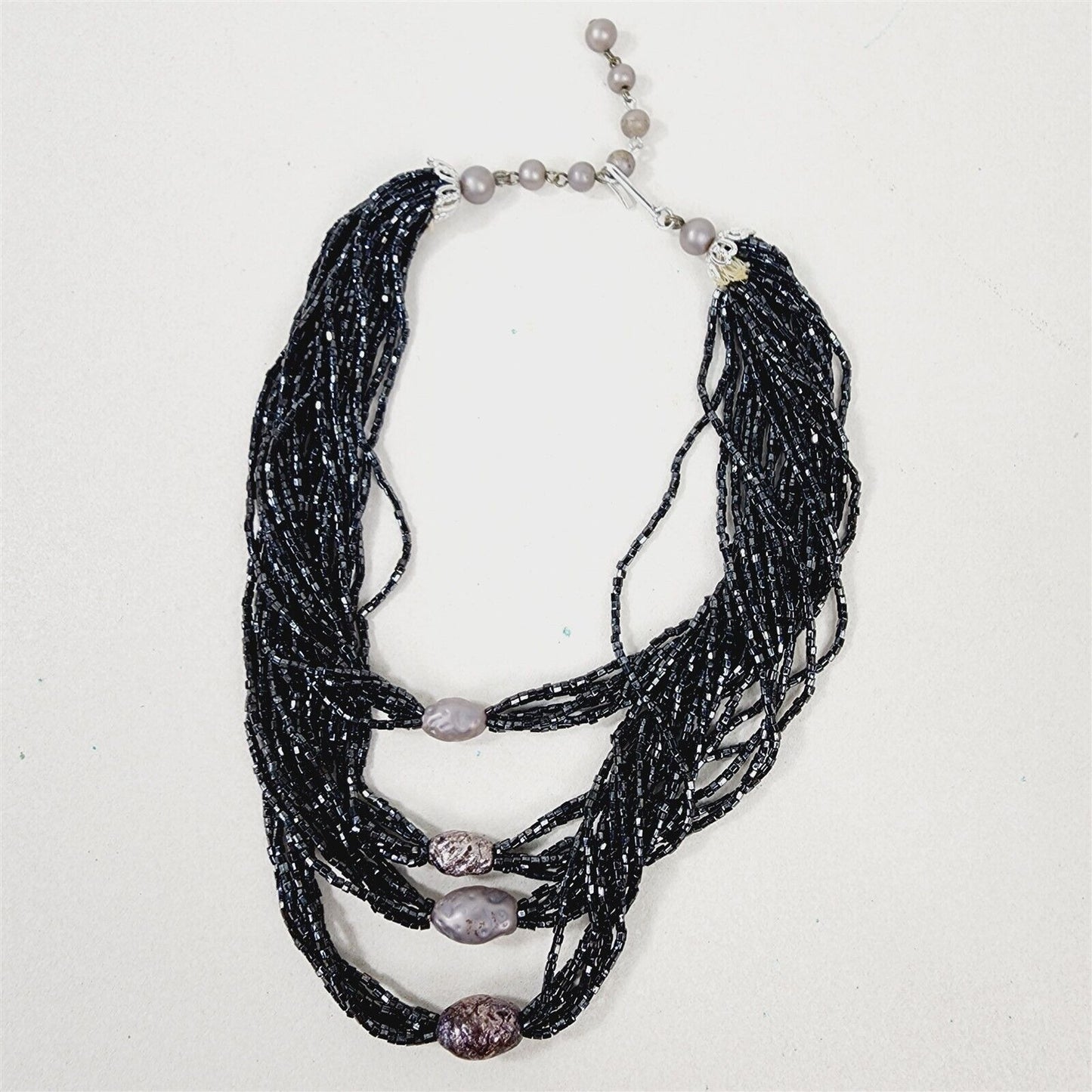 Vintage Black Shiny Seed Bead Layered Necklace with Silver Beaded Accents