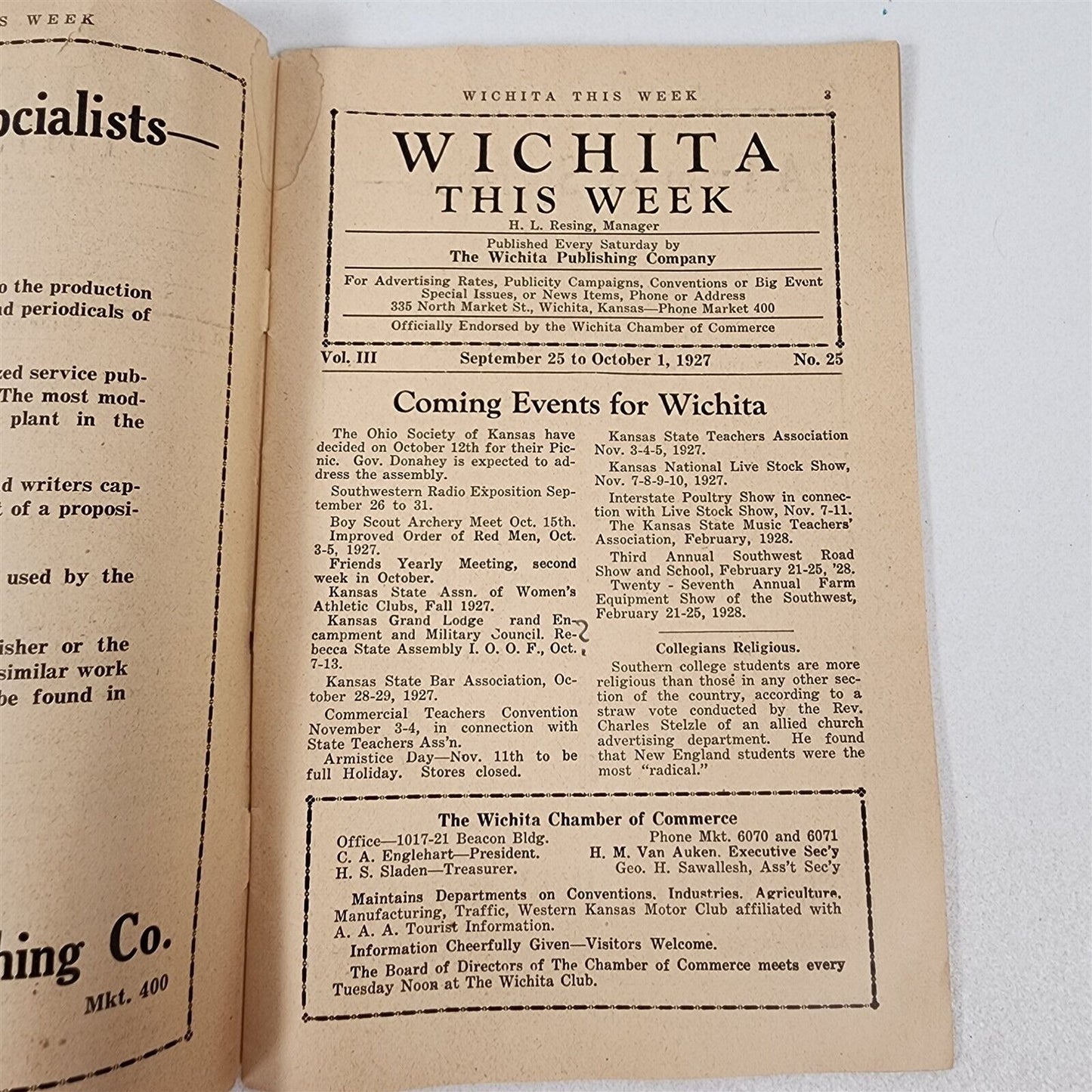 Wichita This Week Sept 25 - Oct 1, 1927 Travel Air Factory Airplanes Local Info