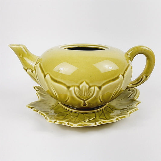 Woodfield Steubenville Golden Fawn Green Leaf Teapot w/ Plate - No Lid