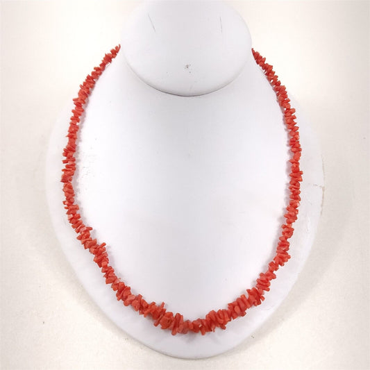 Vintage Orange Red Coral Branch Beaded Necklace Sterling Cone Clasp 19"