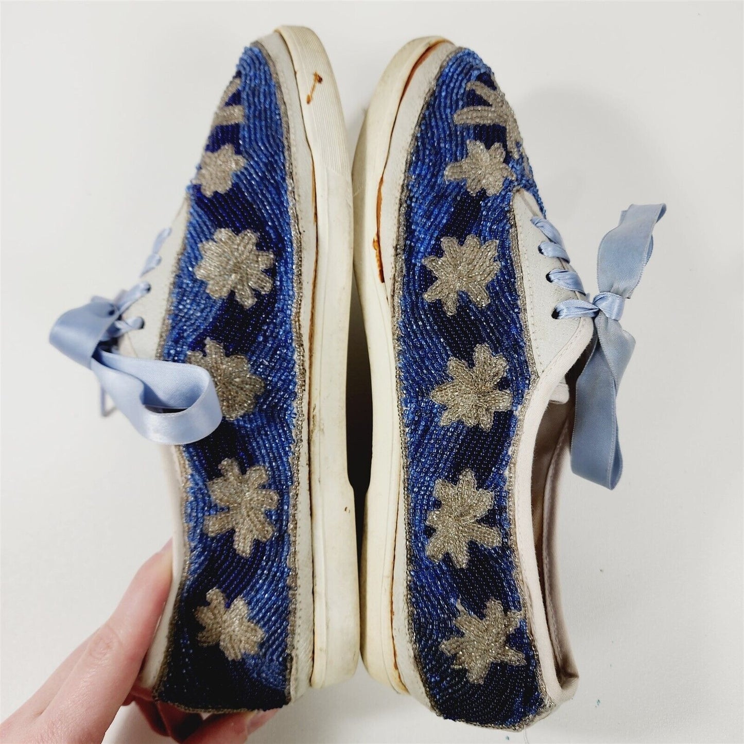 Vintage 1980s Beadz Beaded Blue Flower Snowflake Tennis Shoes Sneakers Size 8