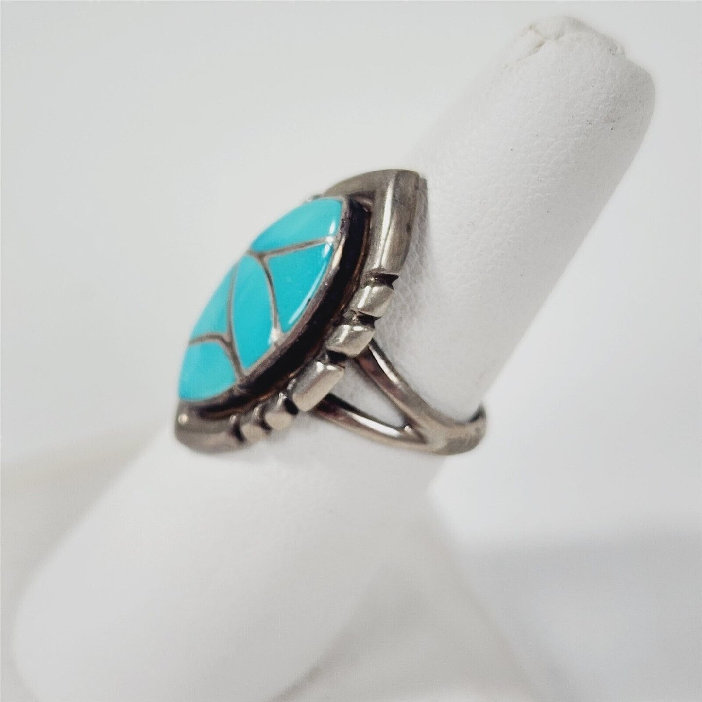 Vintage 925 Sterling Silver Turquoise Inlay Southwest Old Pawn Ring Size 7.5