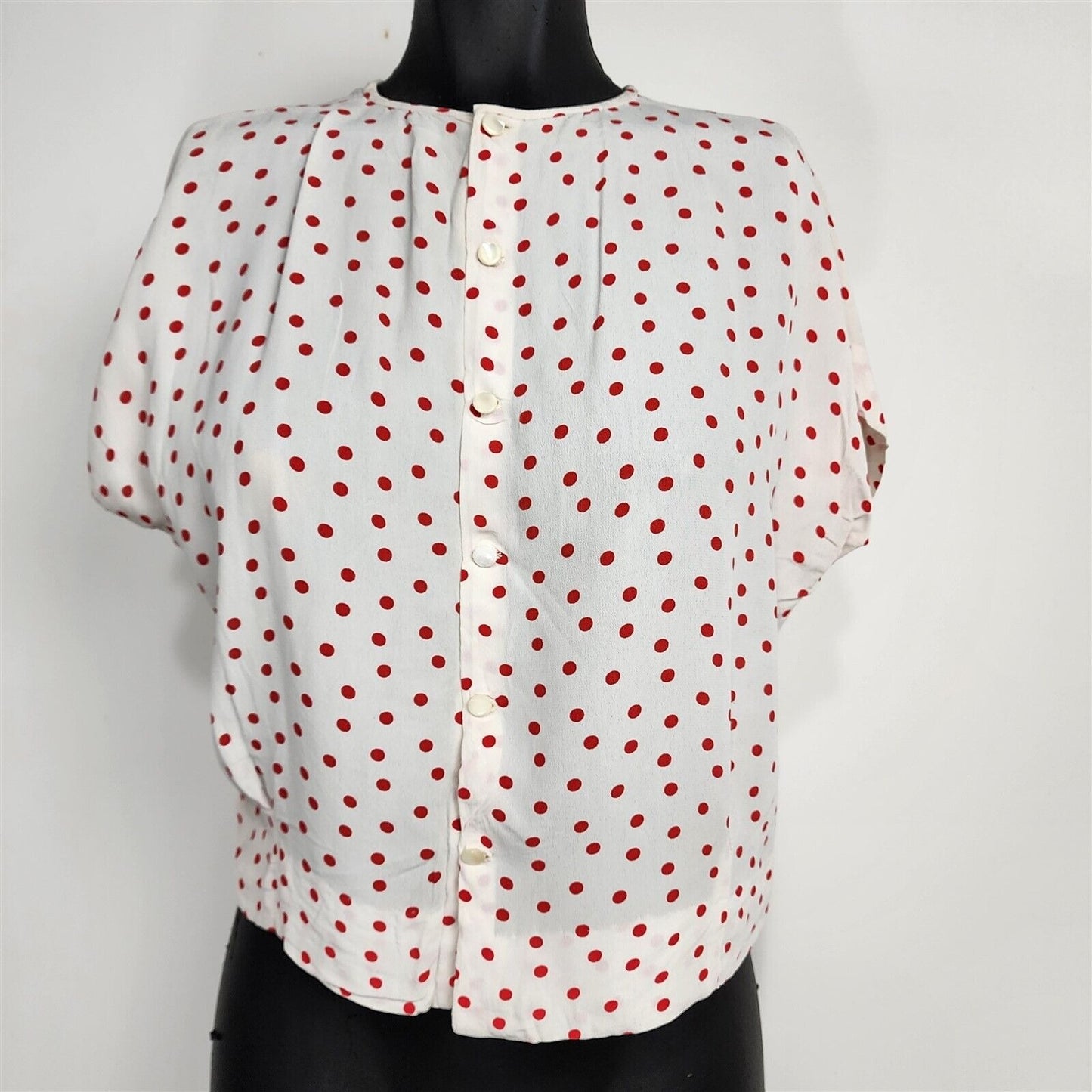 Vintage White w/ Red Polka Dots Short Sleeve Top Blouse Womens S