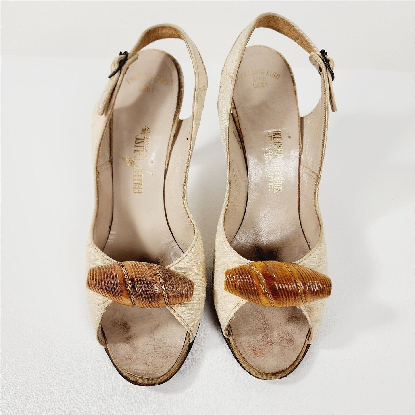 Vintage Palter De Liso Cream Slingback Peep Toe Wood Heels Size 6.5