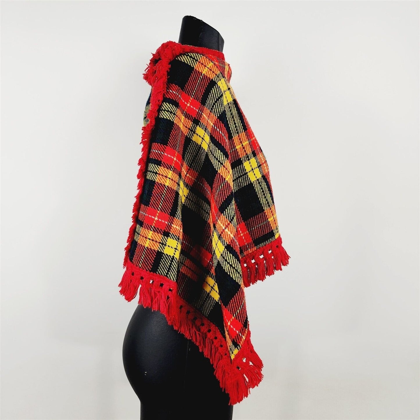 Vintage Handmade Red Yellow Plaid Poncho Cape Womens XS/S