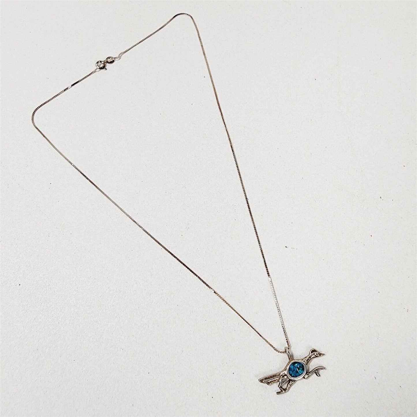 Vintage Road Runner Desert Bird Crushed Turquoise Sterling Silver Necklace 18”