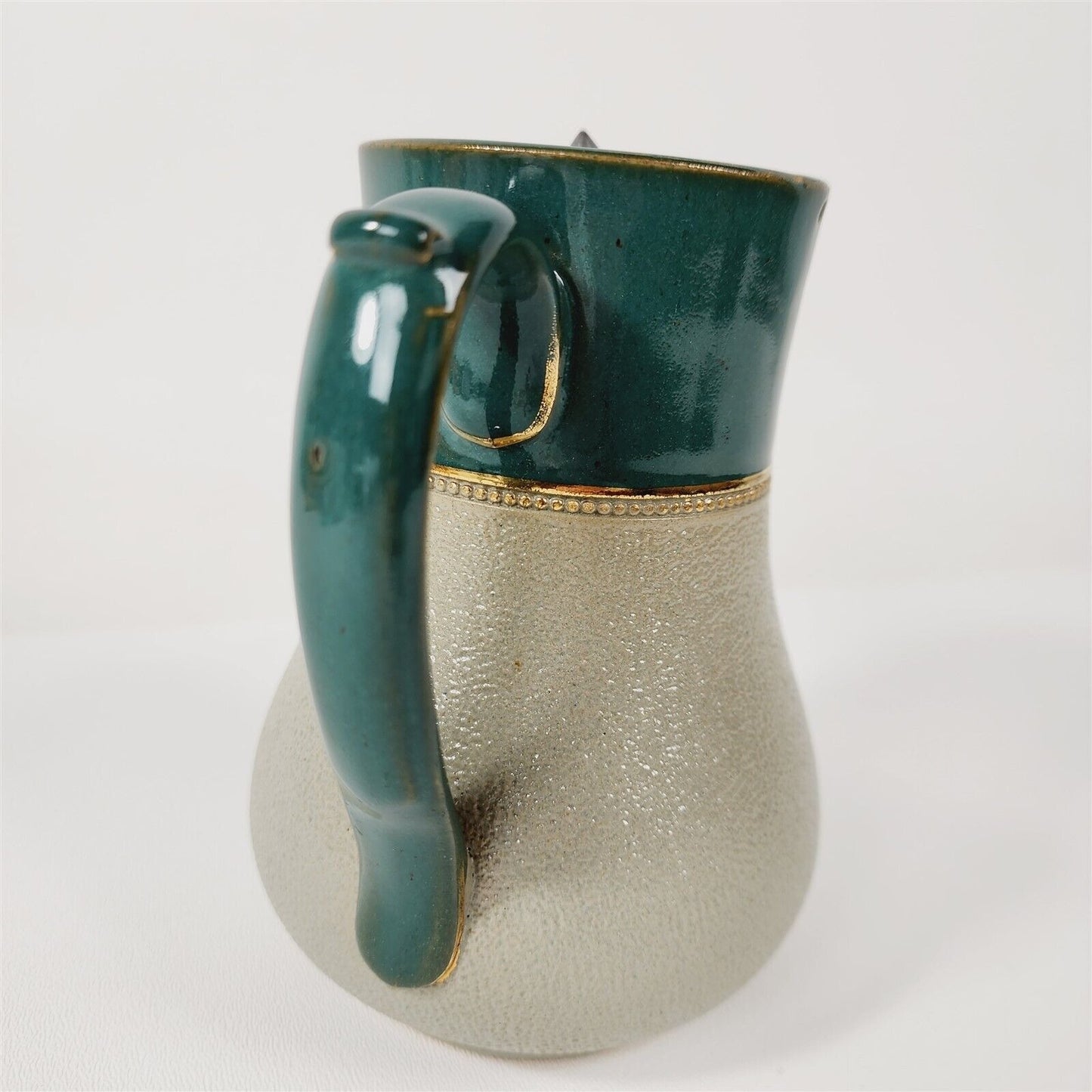 Vintage Lovatts Langley England Glazed Pottery Green Gray Pitcher w/ Pewter Lid